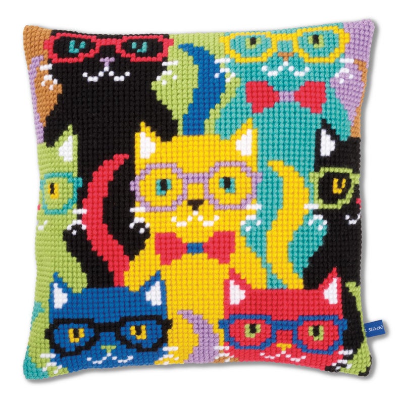 Vervaco Cross Stitch Cushion Kit Funny Cats 16" x 16" - Image 1